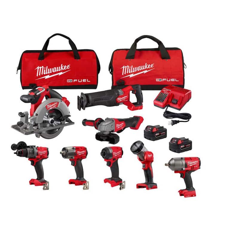 Kit combo inalámbrico sin escobillas de litio Milwaukee M18 FUEL 18V con (2) baterías de 5.0 Ah (7 herramientas) y llave de impacto de 1/2 pulgadas - 3697-27-2967-20