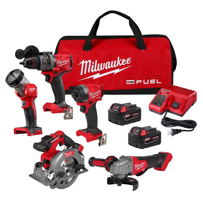 Kit combo Milwaukee M18 de 18 voltios de iones de litio sin escobillas inalámbrico FUEL (5 herramientas) con 2 baterías, 1 cargador y bolsa de herramientas - 2996-25