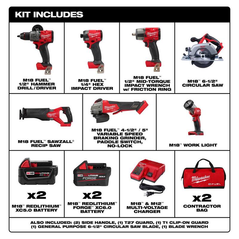 Kit combo inalámbrico Milwaukee M18 FUEL 18V de iones de litio sin escobillas con dos baterías de 5.0 Ah (7 herramientas) con (2) Baterías FORGE de 6 Ah - 3697-27-48-11-1861P