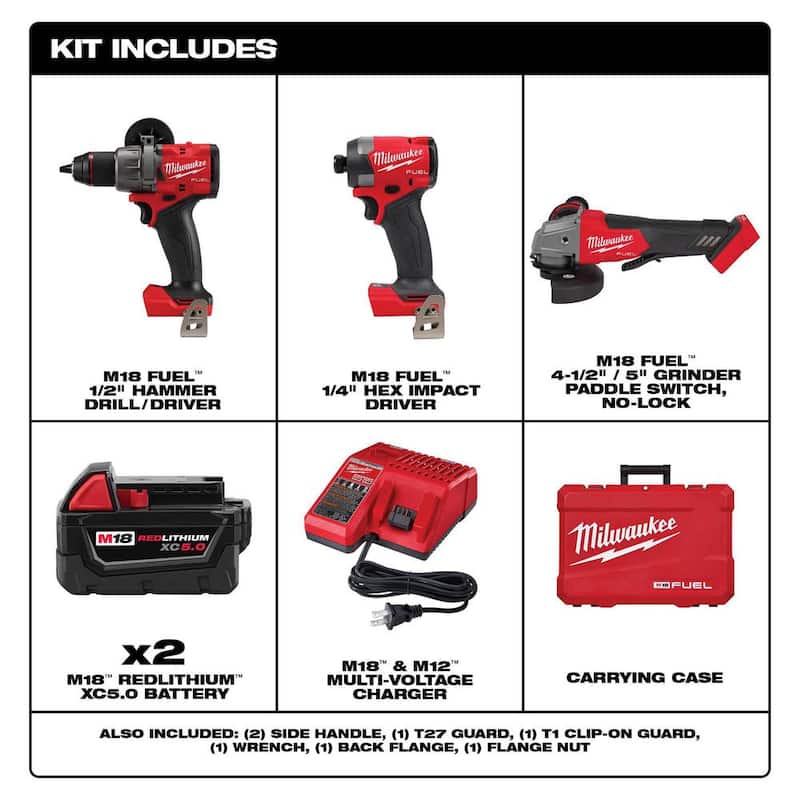 Milwaukee M18 FUEL 18-Volt Lithium-Ion Brushless Cordless Combo Kit 2-Tool with 2 Batteries Charger 4-1/2in. to 5in. Grinder - 3697-22-2880-20

Kit de combo inalámbrico sin escobillas Milwaukee M18 FUEL de 18 voltios con 2 herramientas, 2 baterías, cargador y esmeril de 4-1/2 a 5 pulgadas - 3697-22-2880-20