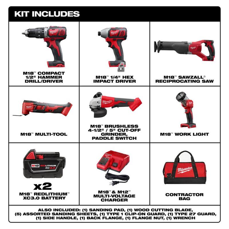 Kit inalámbrico de combo Milwaukee M18 18V de iones de litio con dos baterías de 3.0Ah, 1 cargador (4 herramientas) con multiherramienta y moladora - 2696-24-2626-20-2686-20