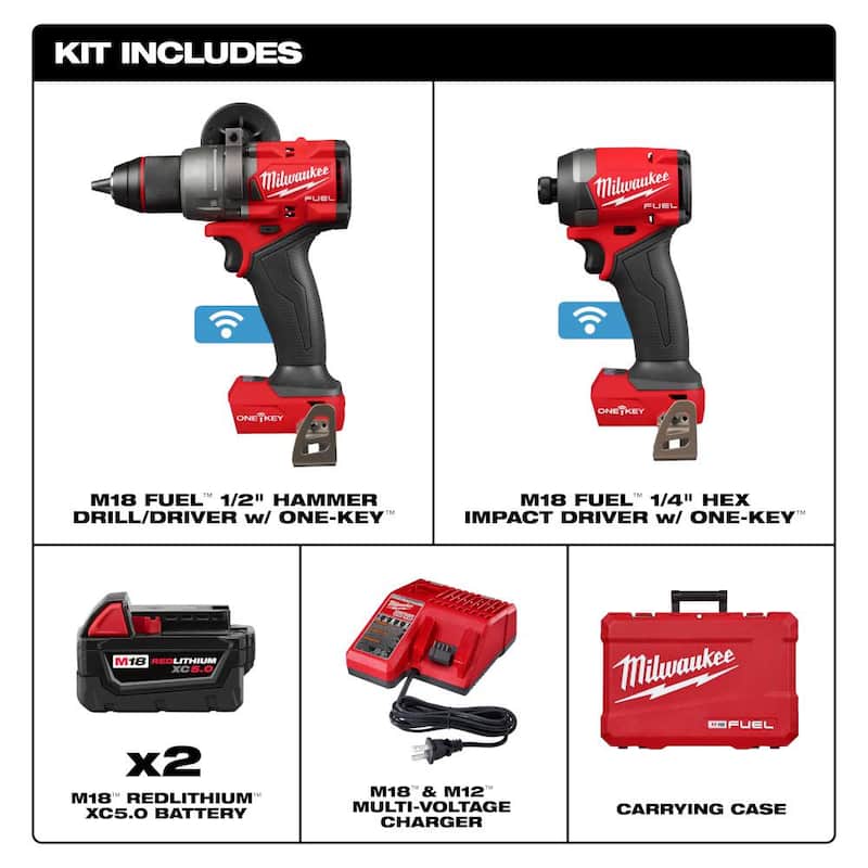 Milwaukee M18 FUEL ONE-KEY Kit de Combo de Taladro Percutor/Atornillador de Impacto Inalámbrico sin escobillas de 18V de Iones de Litio con dos Baterías de 5.0 Ah y Maletín - 3696-22
