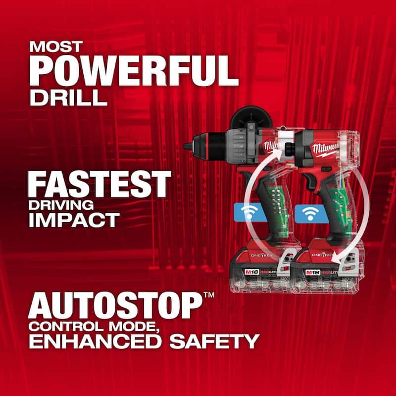 Milwaukee M18 FUEL ONE-KEY Kit de Combo de Taladro Percutor/Atornillador de Impacto Inalámbrico sin escobillas de 18V de Iones de Litio con dos Baterías de 5.0 Ah y Maletín - 3696-22