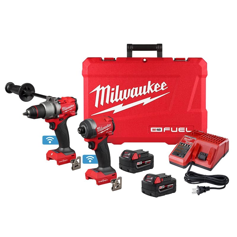 Milwaukee M18 FUEL ONE-KEY Kit de Combo de Taladro Percutor/Atornillador de Impacto Inalámbrico sin escobillas de 18V de Iones de Litio con dos Baterías de 5.0 Ah y Maletín - 3696-22