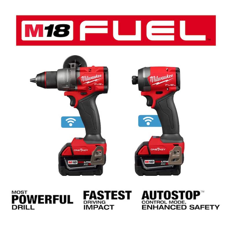 Milwaukee M18 FUEL ONE-KEY Kit de Combo de Taladro Percutor/Atornillador de Impacto Inalámbrico sin escobillas de 18V de Iones de Litio con dos Baterías de 5.0 Ah y Maletín - 3696-22