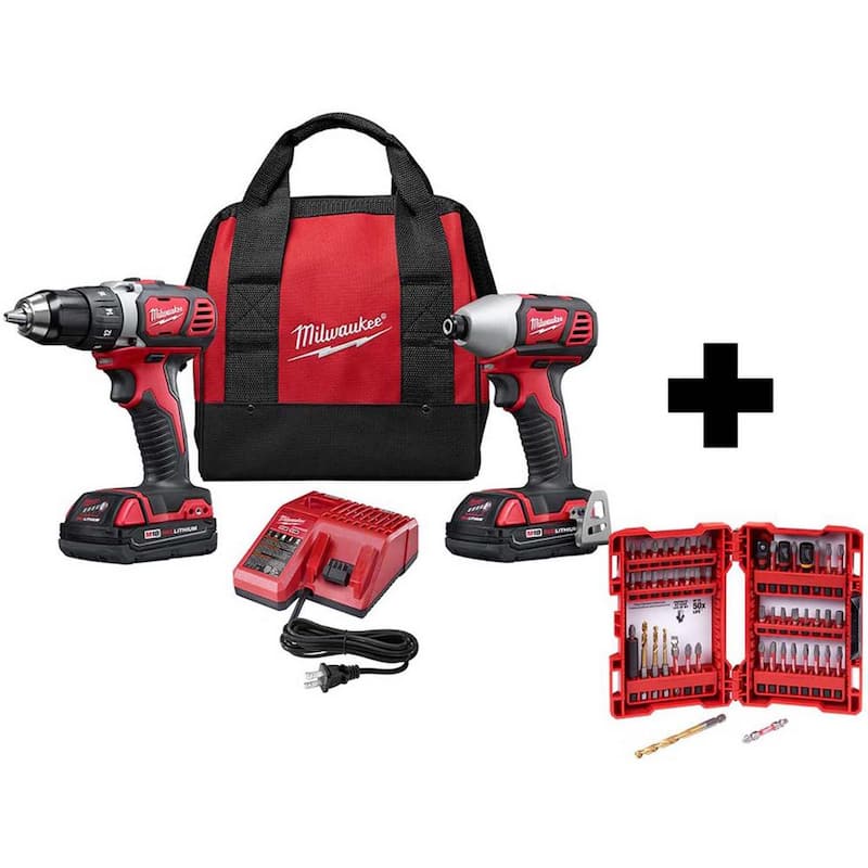 Milwaukee M18 18V Lithium-Ion Combo de Taladro/Atornillador Inalámbrico e Impacto (Conjunto de 2 herramientas) con Juego de 50 Puntas de Destornillador - 2691-22-48-32-4024