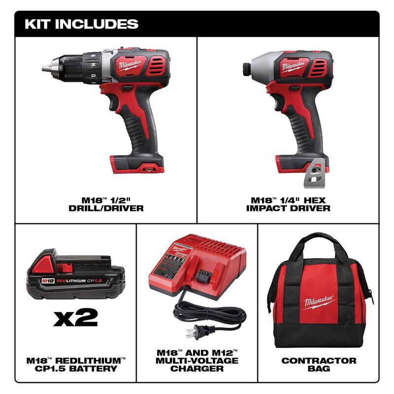 Milwaukee M18 18V Lithium-Ion Combo de Taladro/Atornillador Inalámbrico e Impacto (Conjunto de 2 herramientas) con Juego de 50 Puntas de Destornillador - 2691-22-48-32-4024
