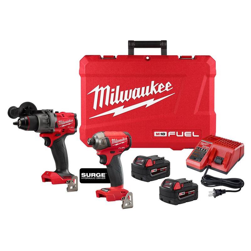 Milwaukee M18 FUEL 18V Lithium-Ion sin escobillas, juego combo de taladro de impacto y martillo inalámbrico Surge (2 herramientas) con (2) baterías de 5.0Ah - 3699-22.