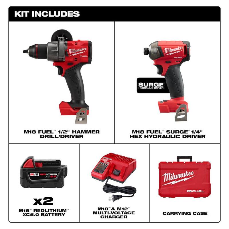 Milwaukee M18 FUEL 18V Lithium-Ion sin escobillas, juego combo de taladro de impacto y martillo inalámbrico Surge (2 herramientas) con (2) baterías de 5.0Ah - 3699-22.