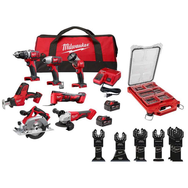 Milwaukee M18 18V Juego de herramientas inalámbricas de iones de litio de 7 herramientas con juego de puntas para destornillador y juego de cuchillas multiusos - 2695-27SH-48-32-4082-49-10-9108W
