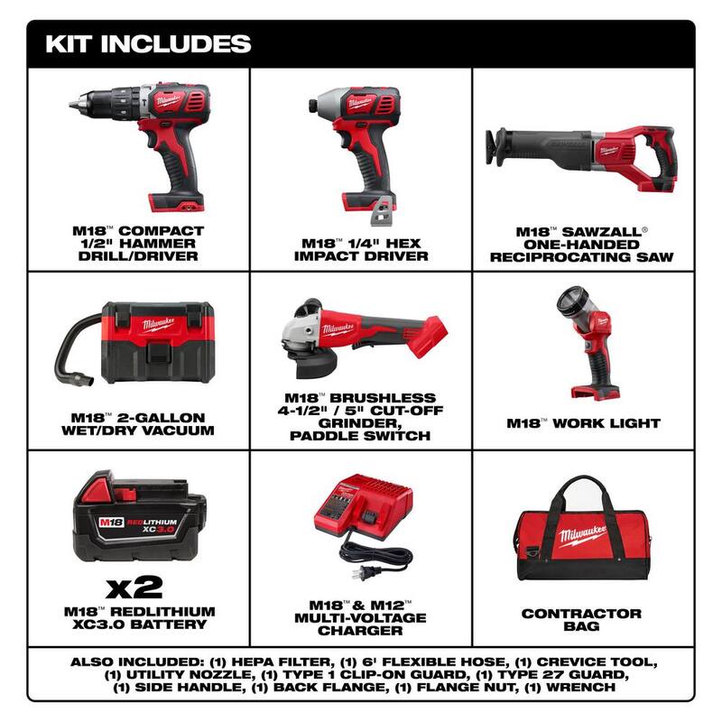 Kit combo inalámbrico Milwaukee M18 de 18V con dos baterías de 3.0Ah (4 herramientas) con aspiradora húmeda/seca de 2 Gal. y esmeriladora - 2696-24-0880-20-2686-20