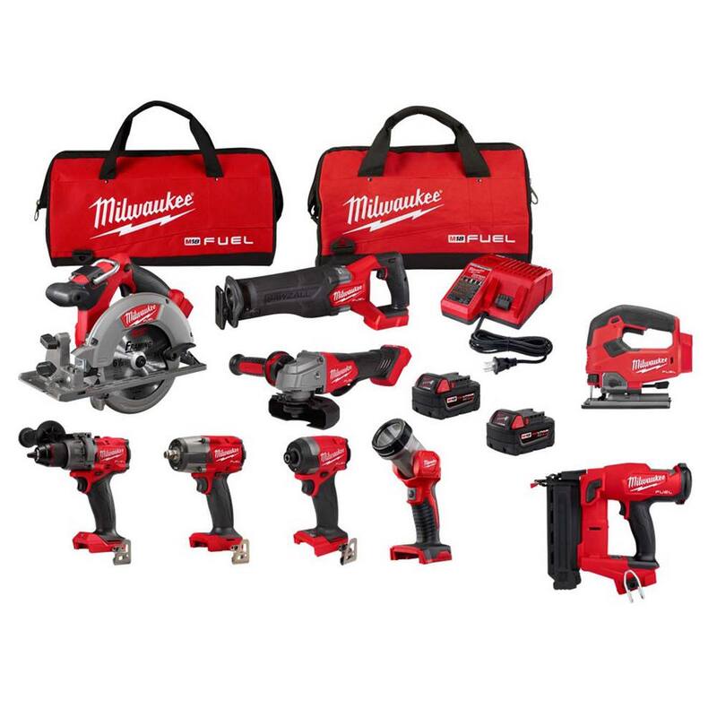 Kit Combo inalámbrico sin escobillas de 18V de iones de litio M18 FUEL de Milwaukee con clavadora de brad de calibre 18 y segueta (9 herramientas) - 3697-27-2746-20-2737-20