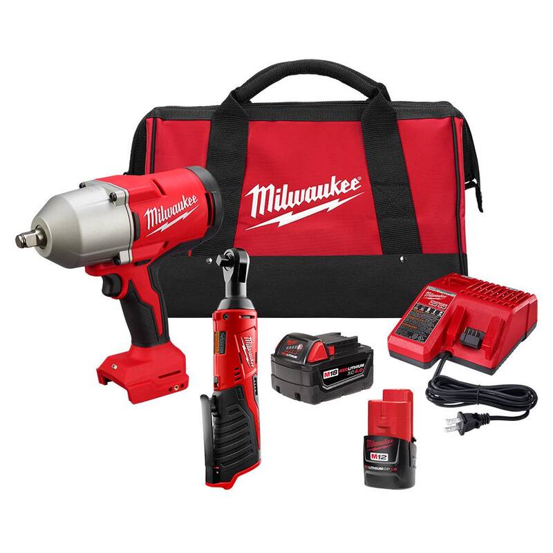 Combo de 12/18V Milwaukee M12/M18 de iones de litio inalámbrico de 3/8 pulgadas con trinquete y llave de impacto de alto torque de 1/2 pulgadas con anillo de fricción - 2666-22RH