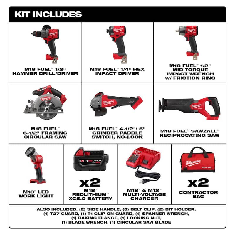 Milwaukee M18 FUEL 18-Volt Lithium-Ion Brushless Cordless Combo Kit (7 Herramientas) con Aspiradora M18 FUEL PACKOUT - 3697-27-0970-20