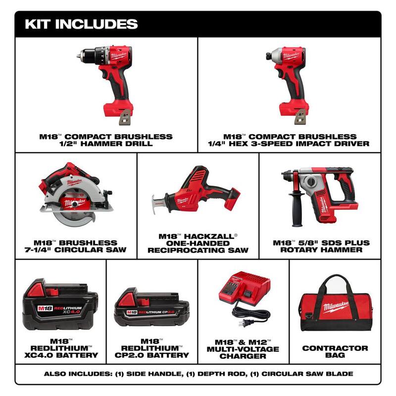 Juego combo inalámbrico Milwaukee M18 de 18 voltios con tecnología de iones de litio sin escobillas (4 herramientas) con 2 baterías, 1 cargador y bolsa de herramientas con luz de inundación - 3693-24CX-2612-20.