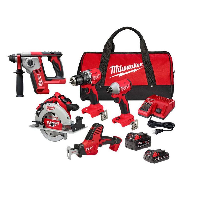 Juego combo inalámbrico Milwaukee M18 de 18 voltios con tecnología de iones de litio sin escobillas (4 herramientas) con 2 baterías, 1 cargador y bolsa de herramientas con luz de inundación - 3693-24CX-2612-20.