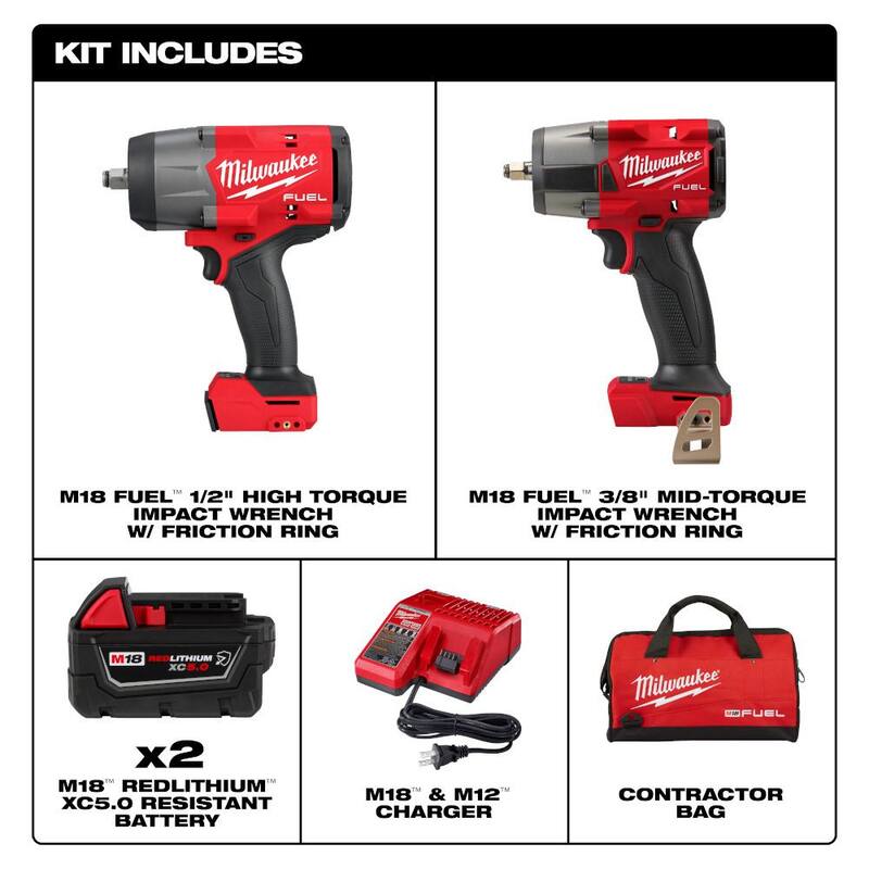 Juego de combo de llave de impacto inalámbrica Milwaukee M18 FUEL de 18 voltios con torque alto de 1/2 pulgada y torque medio de 3/8 pulgadas de ion de litio sin escobillas - 3010-22