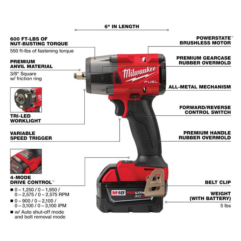 Juego de combo de llave de impacto inalámbrica Milwaukee M18 FUEL de 18 voltios con torque alto de 1/2 pulgada y torque medio de 3/8 pulgadas de ion de litio sin escobillas - 3010-22