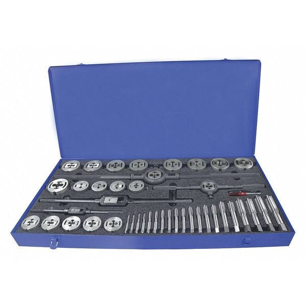 Greenfield Threading 45PC Plug Hand Taps and Two-Piece Dies Set with Collet 7 Sizes, 1/4-20 To 1-14 UNC UNF & UNS - 423163