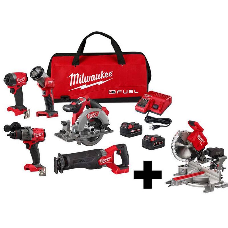 Juego combinado inalámbrico sin escobillas de iones de litio de 18 voltios Milwaukee M18 FUEL (5 herramientas) con sierra ingletadora compuesta de doble bisel deslizante de 12 pulgadas - 3697-25-2739-20