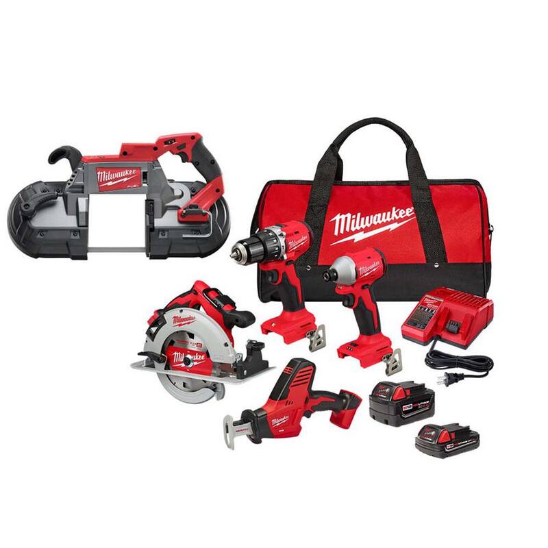 Paquete combo inalámbrico sin escobillas de ión de litio de 18 voltios Milwaukee M18 (4 herramientas) con 2 baterías, 1 cargador y sierra de cinta de corte profundo - 3693-24CX-2729-20