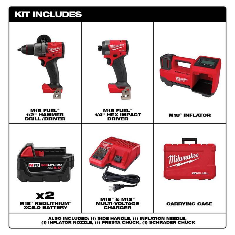 Milwaukee M18 FUEL 18-Volt Lithium-Ion Brushless Cordless Hammer Drill and Impact Driver Combo Kit (2 herramientas) con Inflador - 3697-22-2848-20