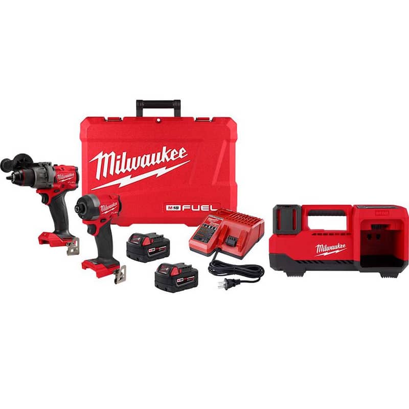 Milwaukee M18 FUEL 18-Volt Lithium-Ion Brushless Cordless Hammer Drill and Impact Driver Combo Kit (2 herramientas) con Inflador - 3697-22-2848-20