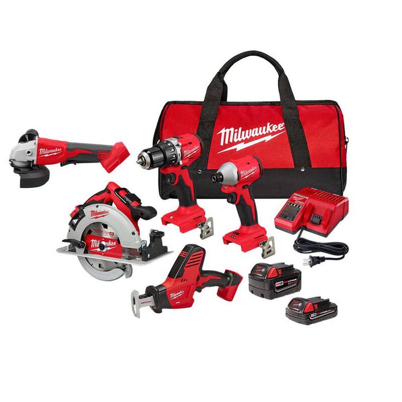 Juego de combinación inalámbrico sin escobillas de iones de litio de 18 voltios Milwaukee M18 (4 herramientas) con 2 baterías, 1 cargador con amoladora de 4-1/2 in. / 5 in. - 3693-24CX-2686-20