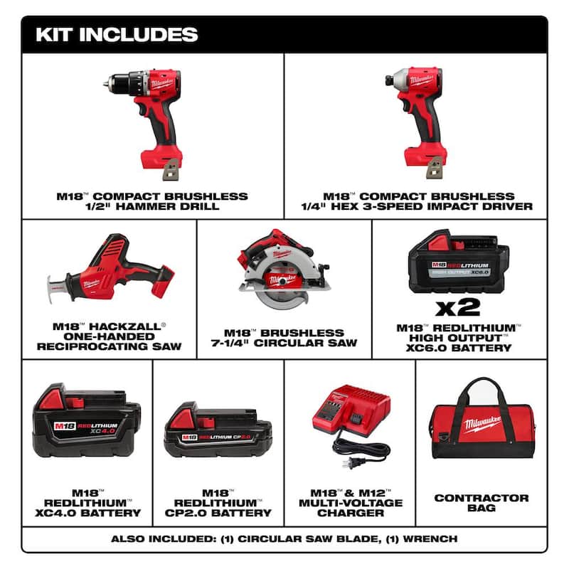 Paquete combinado inalámbrico brushless de litio-ion de 18 voltios Milwaukee M18 (4 herramientas) con 2 baterías, 1 cargador y bolsa de herramientas - 3693-24CX-48-11-1862
