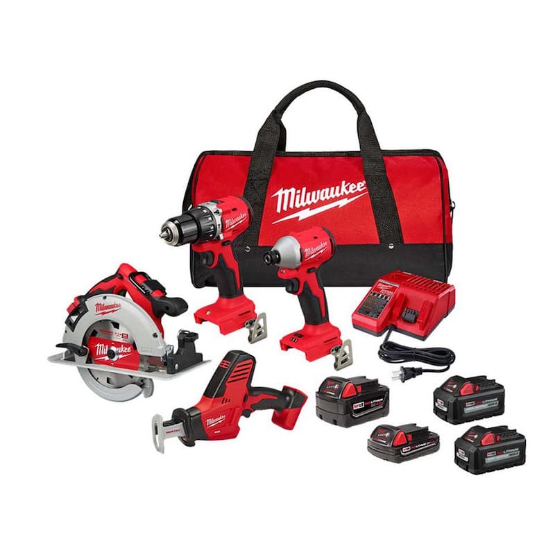 Paquete combinado inalámbrico brushless de litio-ion de 18 voltios Milwaukee M18 (4 herramientas) con 2 baterías, 1 cargador y bolsa de herramientas - 3693-24CX-48-11-1862