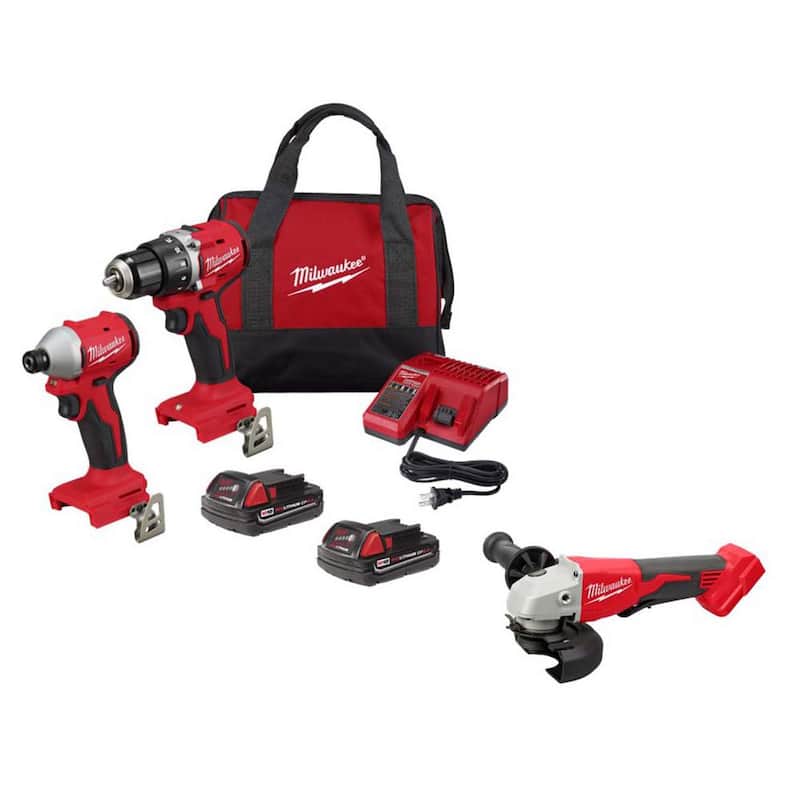 Milwaukee M18 18V Kit combinado inalámbrico compacto de taladro/impacto con batería de iones de litio sin escobillas (2 herramientas) con esmeriladora sin escobillas - 3692-22CT-2686-20.