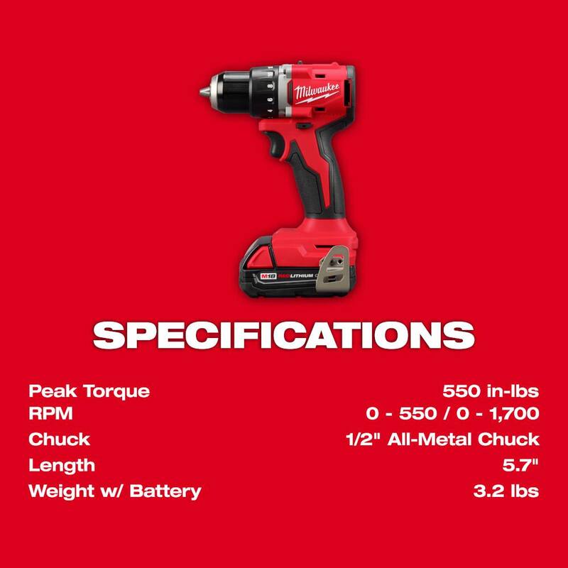 Milwaukee M18 18V Kit combinado inalámbrico compacto de taladro/impacto con batería de iones de litio sin escobillas (2 herramientas) con esmeriladora sin escobillas - 3692-22CT-2686-20.
