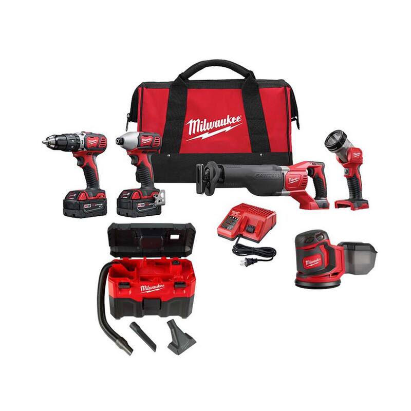 Juego combo inalámbrico Milwaukee M18 18V de iones de litio con dos baterías de 3.0Ah, 1 cargador (4 herramientas) con una aspiradora húmeda/seca de 2 galones y una lijadora - 2696-24-0880-20-2648-20