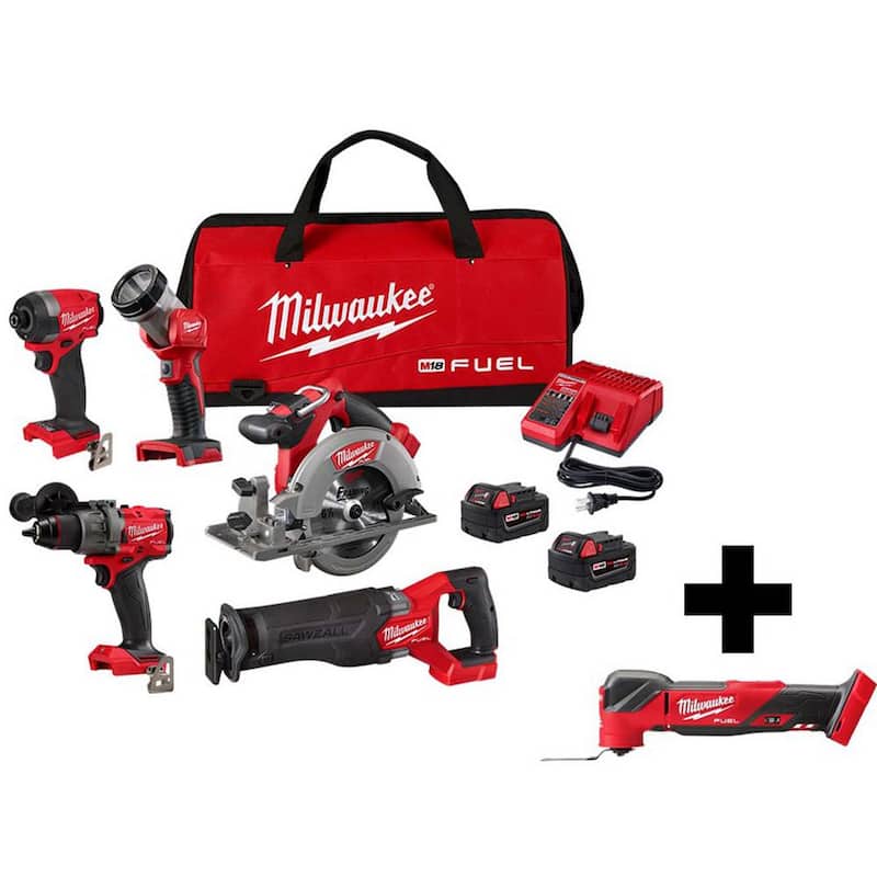 Paquete combinado inalámbrico sin escobillas Milwaukee M18 FUEL de 18 voltios con batería de iones de litio (5 herramientas) y Herramienta Multiusos Oscilante sin escobillas M18 FUEL - 3697-25-2836-20