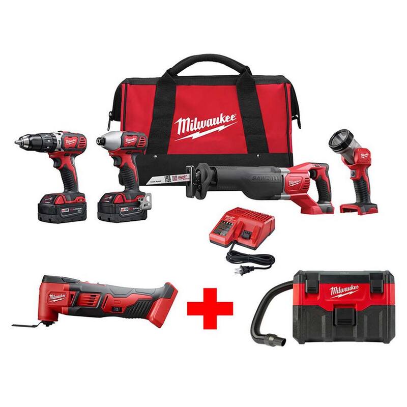Kit de herramientas inalámbricas Milwaukee M18 18V de ion de litio (4 herramientas) con Herramienta multiusos oscilante M18 y Aspiradora húmeda/seca de 2 galones - 2696-24-2626-20-0880-20.