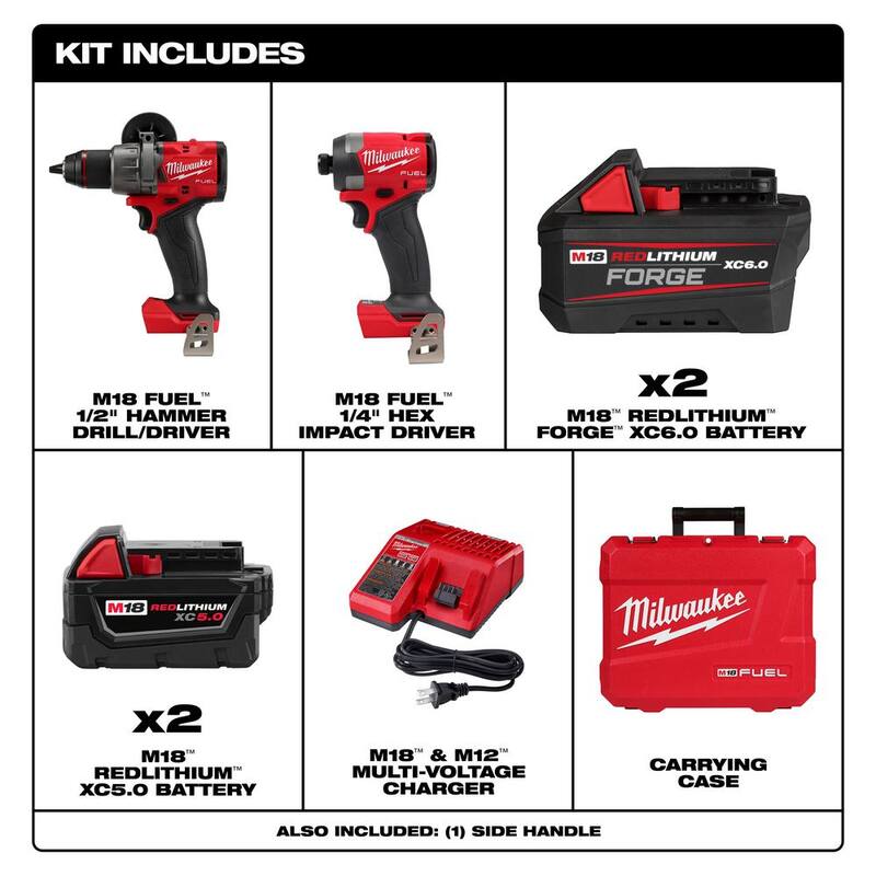 Kit combinado de taladro de martillo e impacto inalámbrico Milwaukee M18 FUEL 18V de iones de litio (2 herramientas) con 2 baterías y (2) Baterías FORGE de 6 Ah - 3697-22-48-11-1861P
