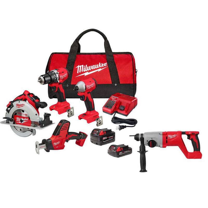Kit combinado inalámbrico Milwaukee M18 18-Volt de iones de litio sin escobillas (4 herramientas) con 2 baterías, 1 cargador y bolsa para herramientas - 3693-24CX-2613-20
