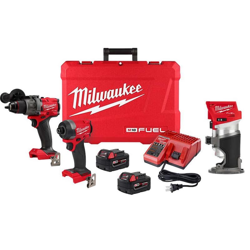 Milwaukee M18 FUEL Kit Combo de Taladro Martillo Inalámbrico sin Escobillas y Atornillador de Impacto de Iones de Litio de 18 V (2 Herramientas) con Router - 3697-22-2723-20