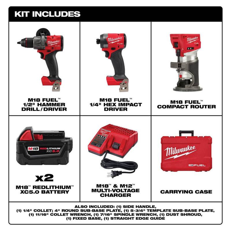 Milwaukee M18 FUEL Kit Combo de Taladro Martillo Inalámbrico sin Escobillas y Atornillador de Impacto de Iones de Litio de 18 V (2 Herramientas) con Router - 3697-22-2723-20