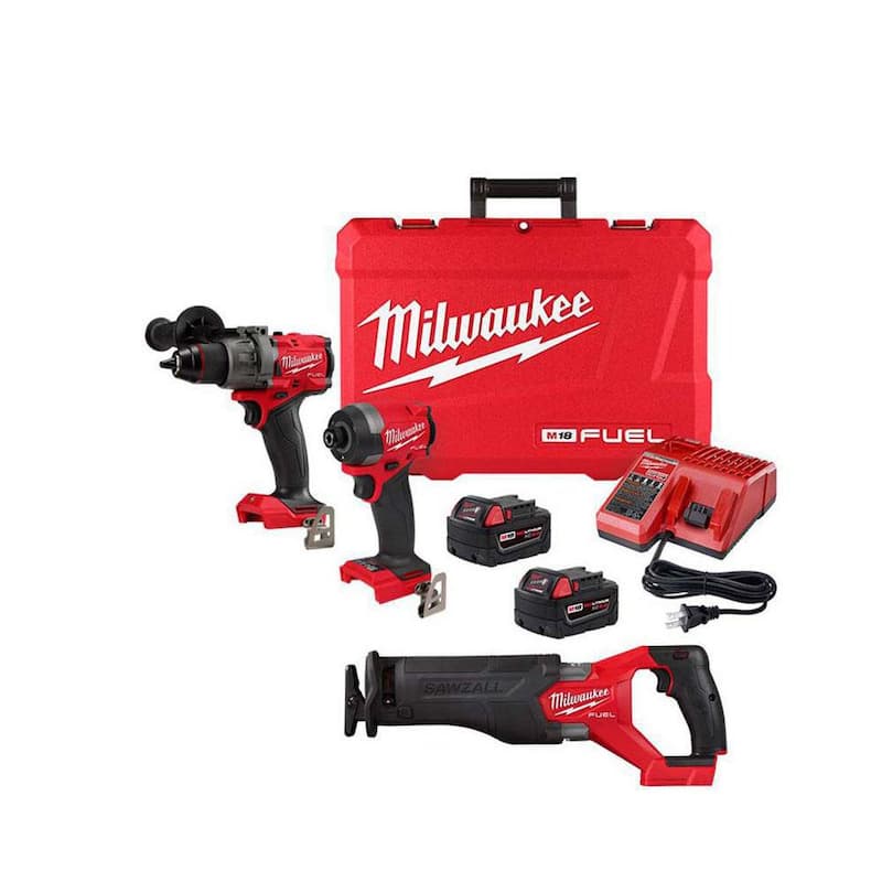 Juego de combo de taladro martillo inalámbrico sin escobillas de litio Milwaukee M18 FUEL 18-V y destornillador de impacto (2 herramientas) con sierra alternativa - 3697-22-2821-20