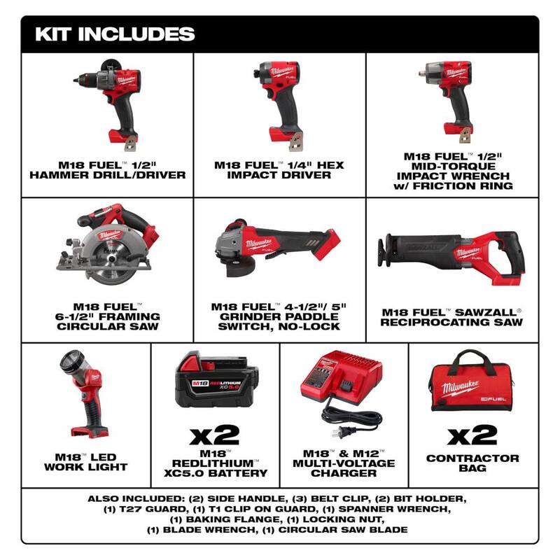 Milwaukee M18 FUEL 18V Kit combinado inalámbrico con baterías de 5.0 Ah (7 herramientas) & clavadora de calibre 18 - 3697-27-2746-20