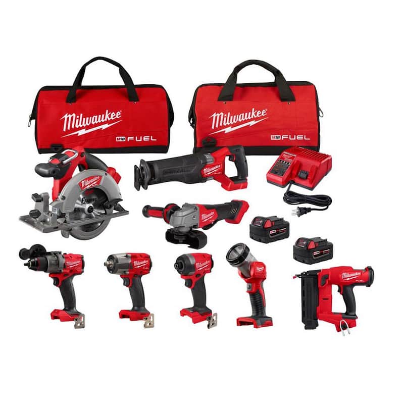 Milwaukee M18 FUEL 18V Kit combinado inalámbrico con baterías de 5.0 Ah (7 herramientas) & clavadora de calibre 18 - 3697-27-2746-20