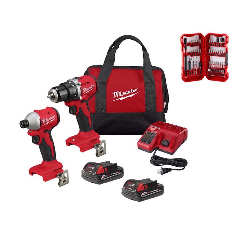Milwaukee M18 18V Taladro de Impacto Inalámbrico Compacto sin escobillas de Iones de Litio/Combo Kit (2 herramientas) con Juego de Puntas de Destornillador SHOCKWAVE - 3692-22CT-48-32-4023