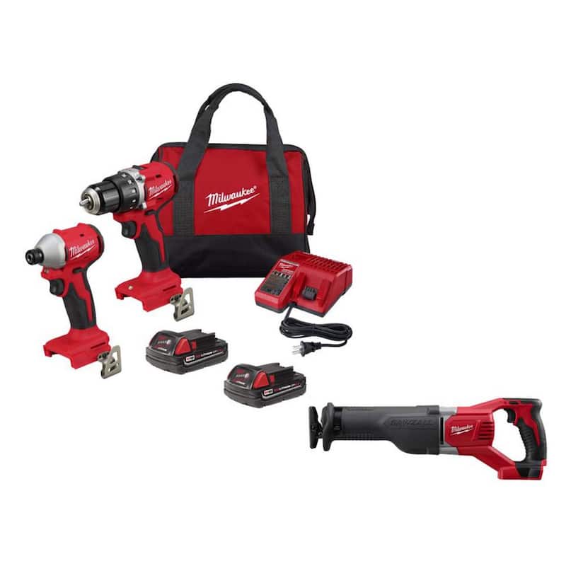 Milwaukee M18 18V Taladro/Impacto Inalámbrico Compacto con Motor de Cepillo de Litio-Ion Combo Kit (2 Herramientas) con Sierra de Sable Sawzall - 3692-22CT-2621-20
