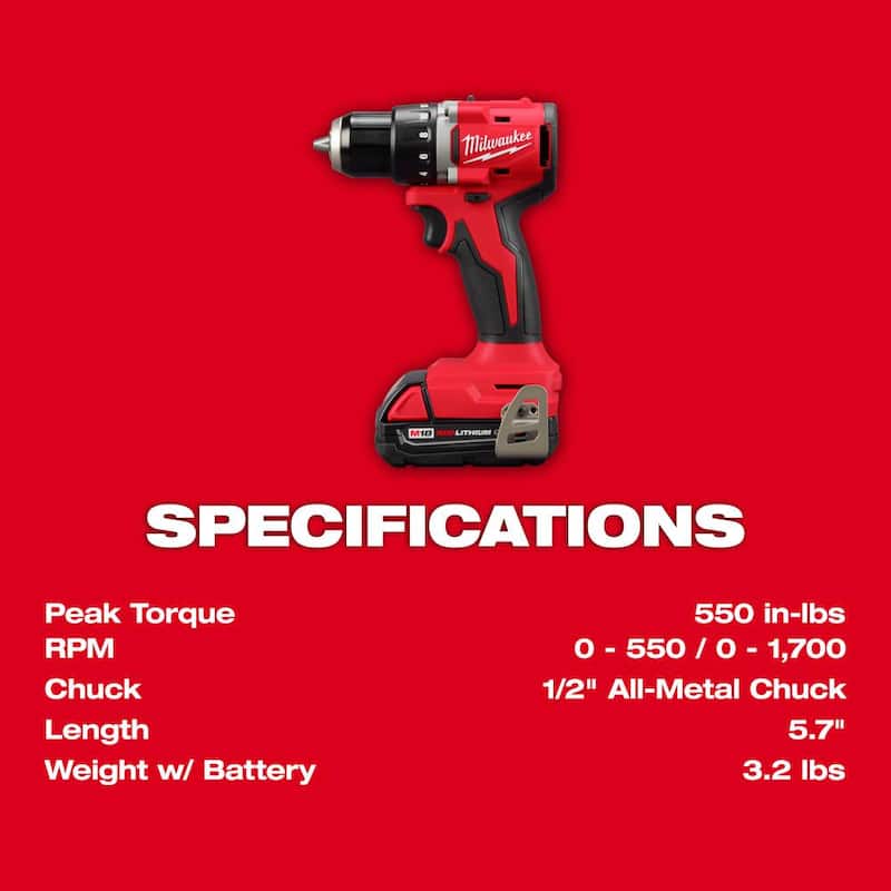 Milwaukee M18 18V Taladro/Impacto Inalámbrico Compacto con Motor de Cepillo de Litio-Ion Combo Kit (2 Herramientas) con Sierra de Sable Sawzall - 3692-22CT-2621-20