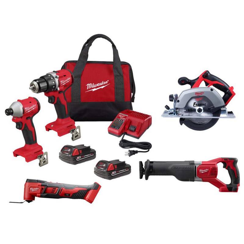 Juego combinado de taladro de impacto compacto inalámbrico sin escobillas de 18V de Milwaukee M18 de iones de litio (2 herramientas) con sierra alternativa Sawzall y multiherramienta - 3692-22CT-2621-20-2630-20-2626-20