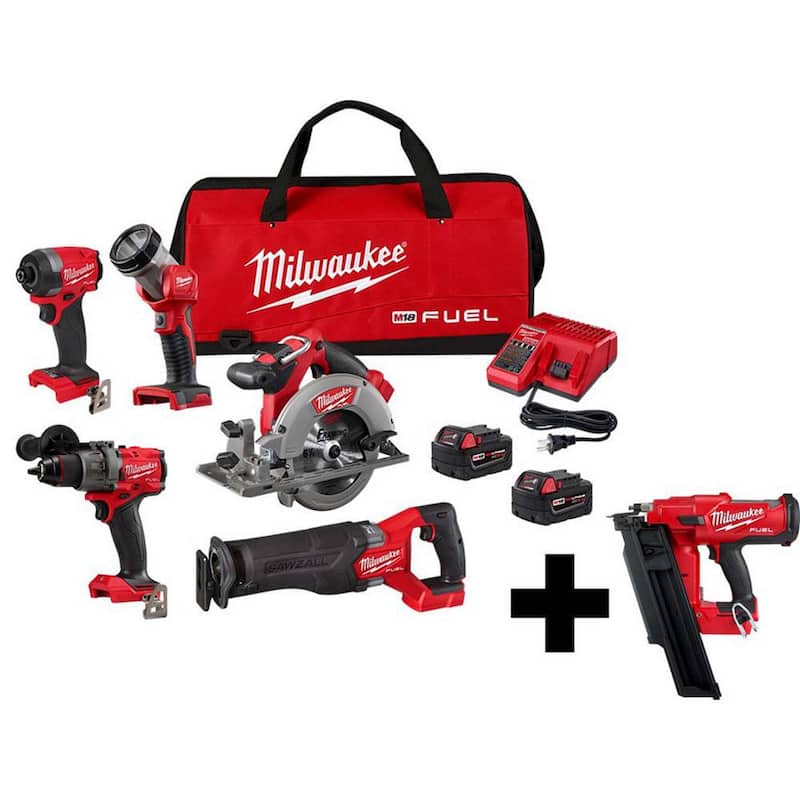 Milwaukee M18 FUEL 18-Volt Lithium-Ion Brushless Cordless Combo Kit (5-Herramienta) con 21-Degree Brushless Cordless Framing Nailer - 3697-25-2744-20