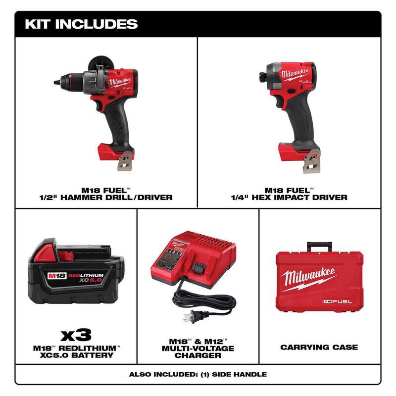 Milwaukee M18 FUEL 18-V Taladro de martillo inalámbrico sin escobillas de iones de litio y Combo de controlador de impacto (2 herramientas) con (3) baterías de 5.0Ah - 3697-22-48-11-1850