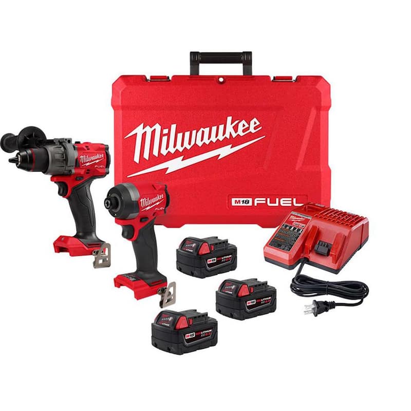 Milwaukee M18 FUEL 18-V Taladro de martillo inalámbrico sin escobillas de iones de litio y Combo de controlador de impacto (2 herramientas) con (3) baterías de 5.0Ah - 3697-22-48-11-1850
