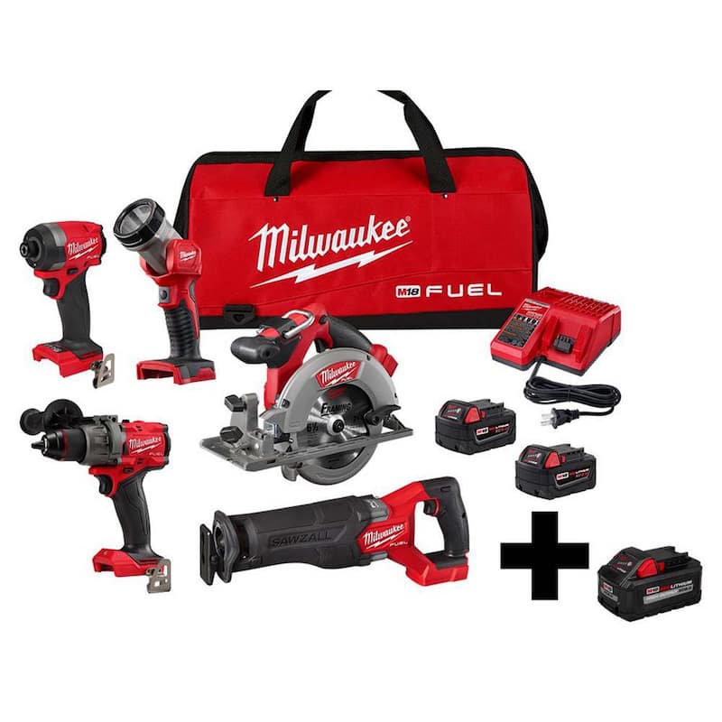 Kit combinado Milwaukee M18 FUEL de 18 voltios con batería de iones de litio sin escobillas (5 herramientas) con batería de alto rendimiento de 8.0 Ah - 3697-25-48-11-1880